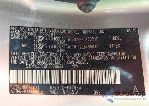 2015 Toyota Sienna Xle 8 Passenger from USA, damaged, VIN 5TDYK3DC0FS688624